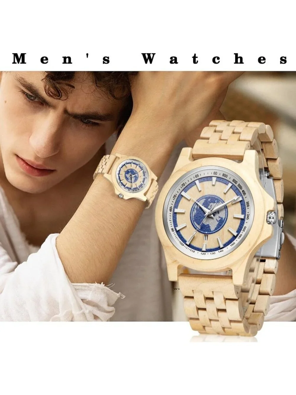Men Beige Quartz Solid Ebony Zebra Fold over Clasp Wood Strap Round Wooden Watch